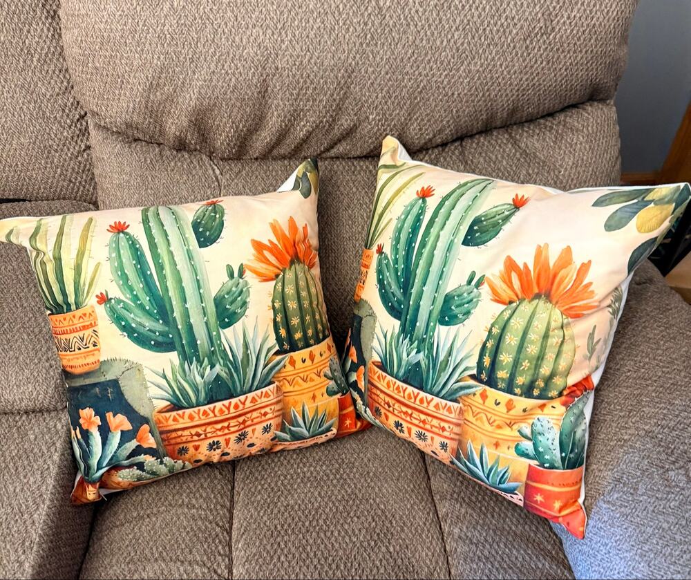 New bohemian rustic flower pot design with cactus motifs, 18” X 18”.